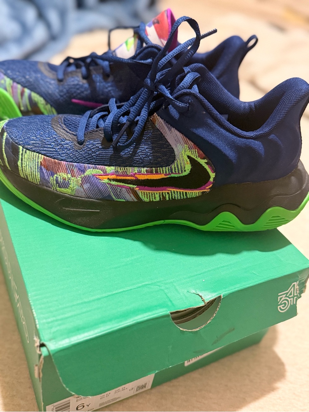 Nike Kids Navy Sneakers with Neon Green and Multicolor Swoosh